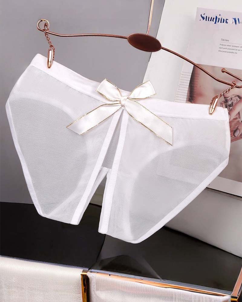 Sheer mesh bow high-cut panties in white satin, wide bow at center front