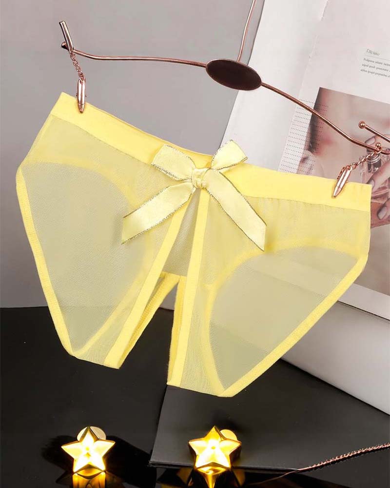 Sheer mesh bow high-cut panties in yellow satin, center ribbon bow with sheer sides