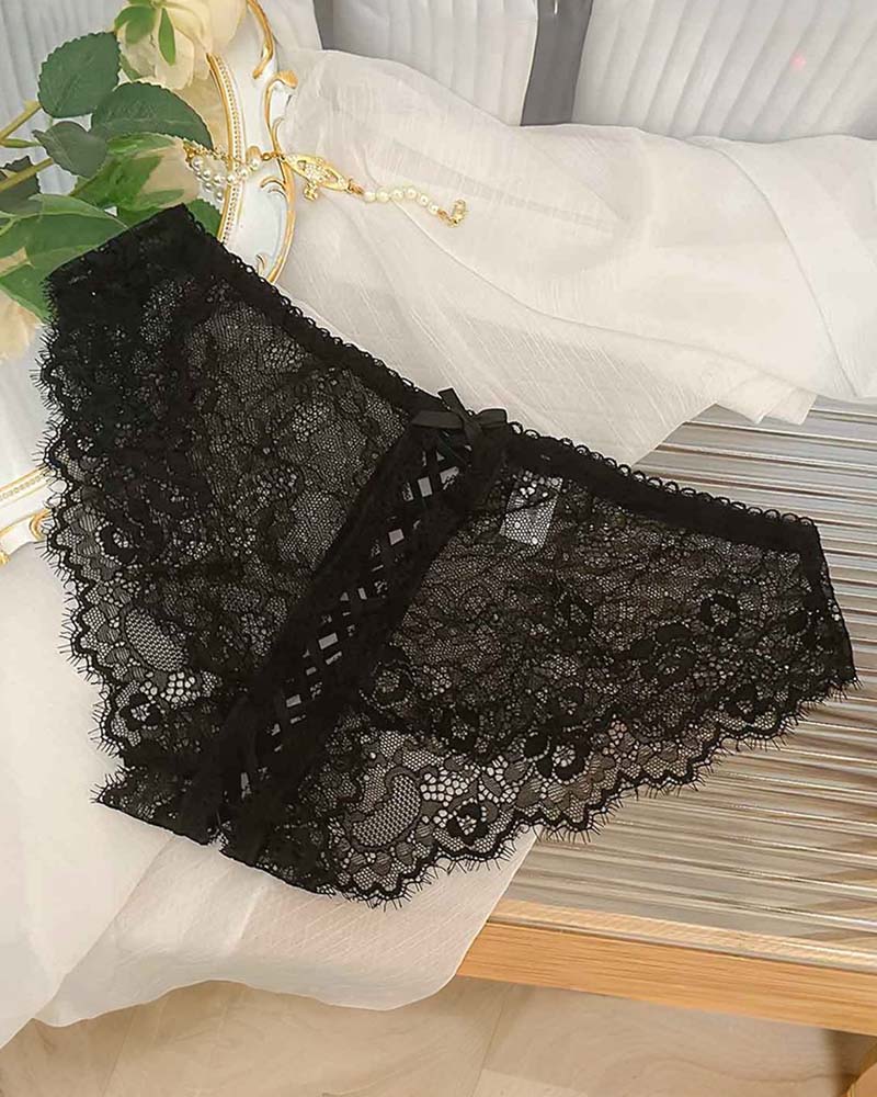 Black lace briefs with lace-up crisscross panel and scalloped edges