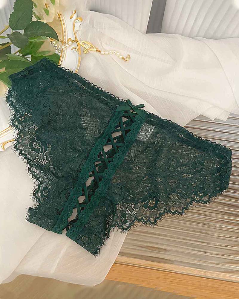 Green lace panties with lace-up crisscross panel and scalloped lace edges