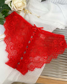 Red lace panties with lace-up crisscross panel and scalloped lace trim