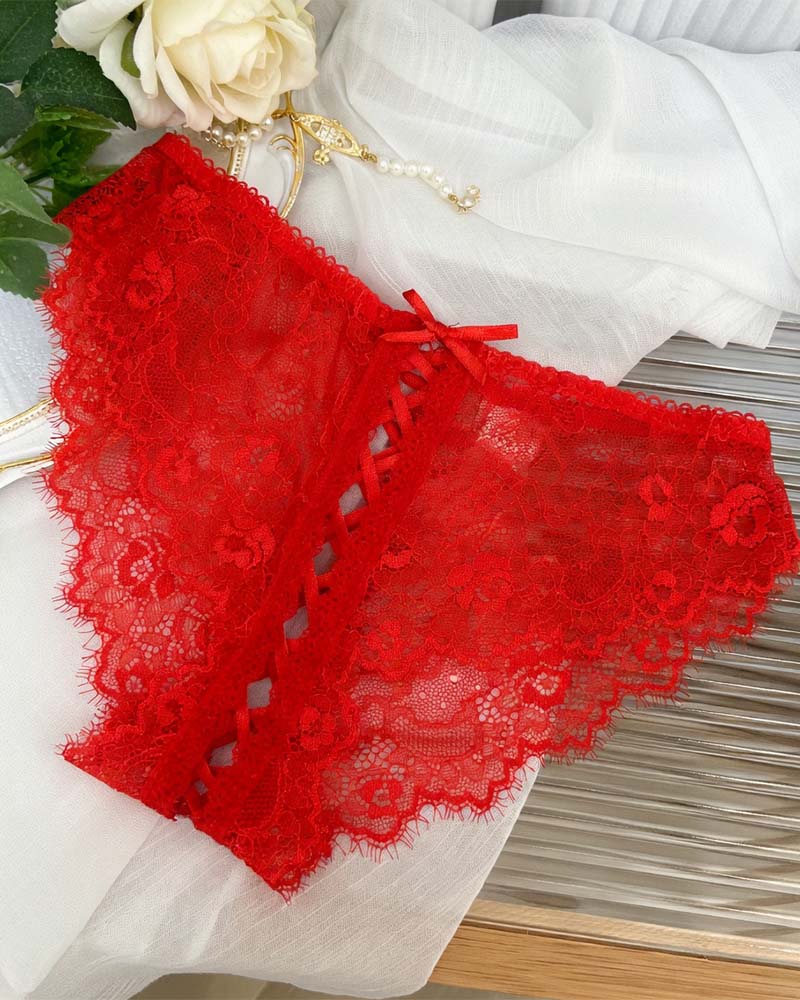 Red lace panties with lace-up crisscross panel and scalloped lace trim