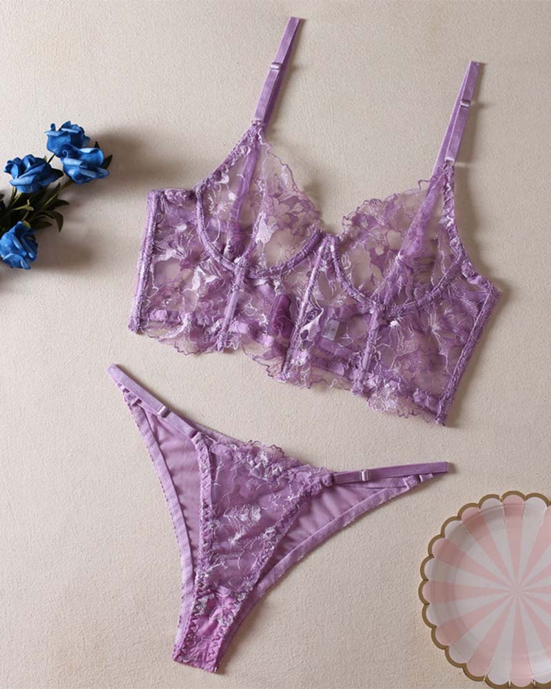Purple sheer floral-lace bralette with matching thong panties, flat lay