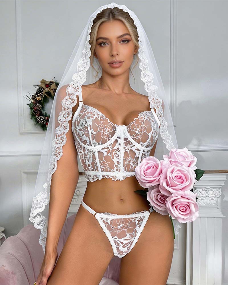 White sheer floral-embroidered bralette and lace thong panties set