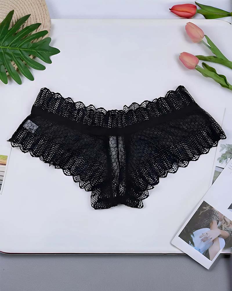 Black lace panties with scalloped trim and V-cut front sheer panel