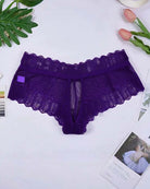 Purple lace panties with scalloped waistband and sheer front mesh panel