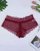 Red lace panties with scalloped waistband and sheer, breathable mesh front