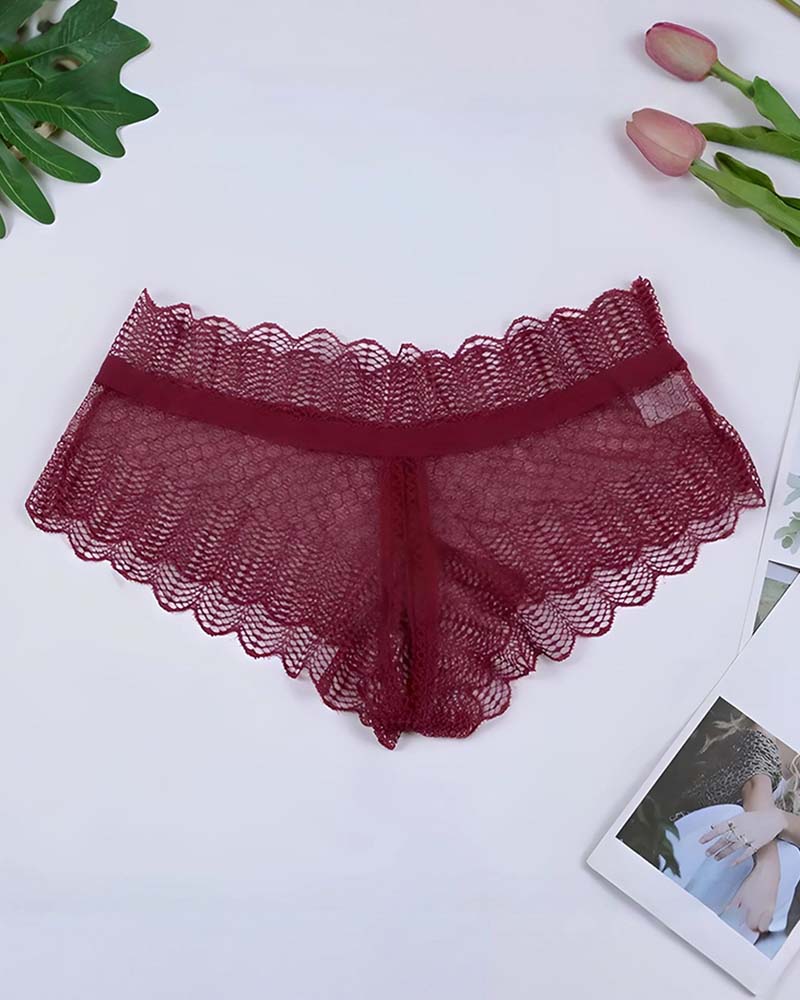 Red lace panties with scalloped waistband and sheer, breathable mesh front