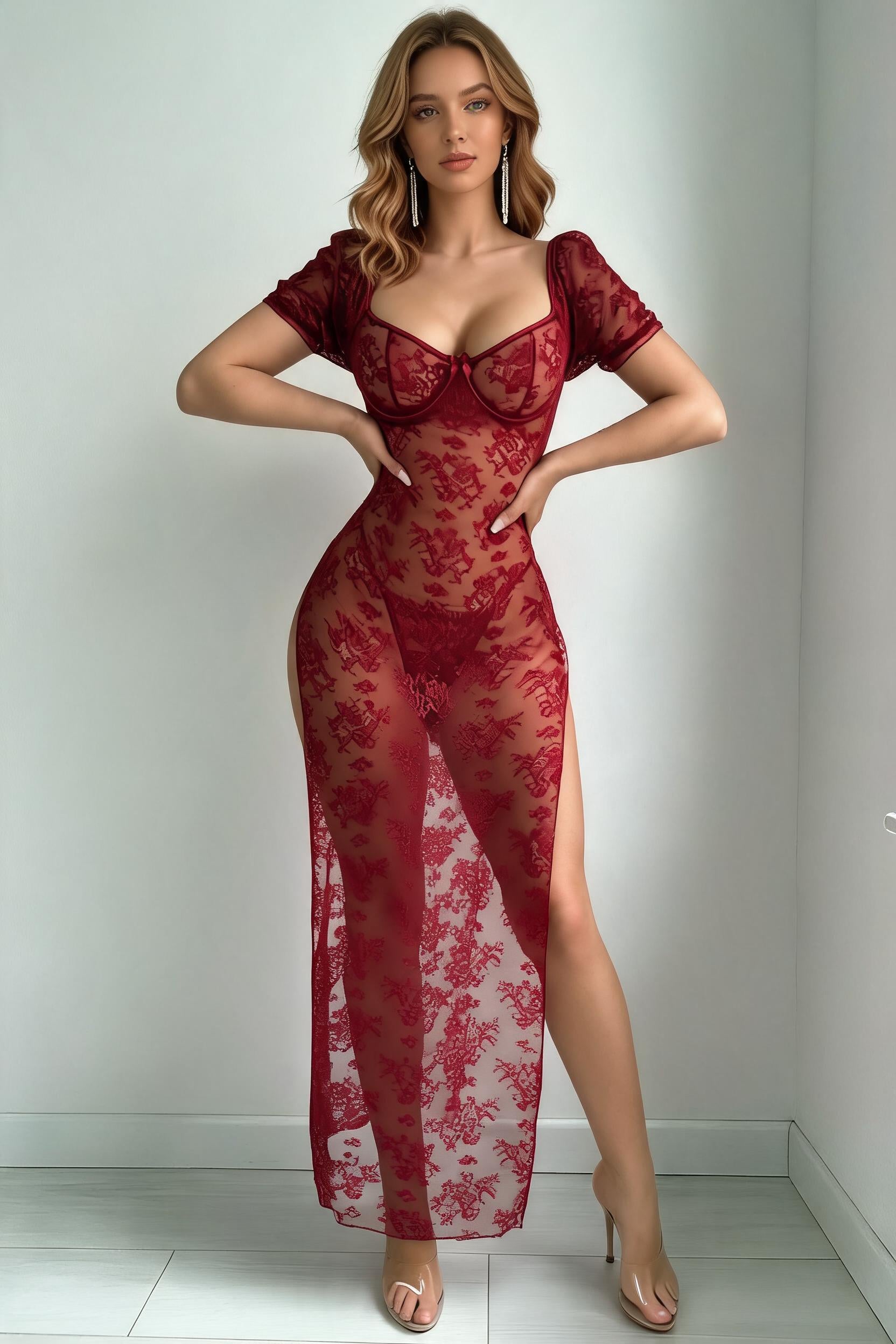 Wine red sheer floral lace maxi dress, short sleeves, sweetheart bodice, side slit