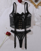Black lace mesh bustier corset with bow and garter thong set