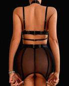 Black sheer mesh lingerie set with back straps, belt harness and garter skirt