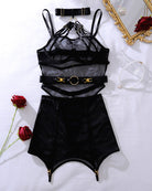 Black sheer mesh lingerie set with strappy bra and garter skirt plus belt harness