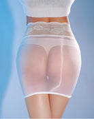 Sheer mesh mini skirt with floral lace trim and white waistband, high-waisted