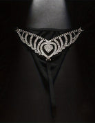 Black rhinestone heart waist chain thong G-string with sparkling crystal belly detail
