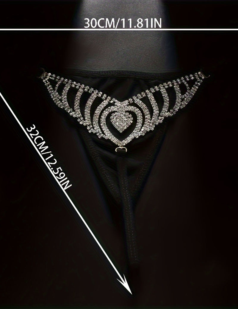 Black rhinestone waist chain thong with heart centerpiece and side sparkle rows