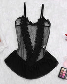 Black sheer lace teddy with floral pattern, spaghetti straps, ruffle hem