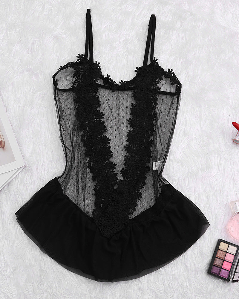 Black sheer lace teddy with floral pattern, spaghetti straps, ruffle hem