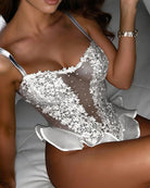 White sheer lace teddy bodysuit with floral lace front and ruffle hem