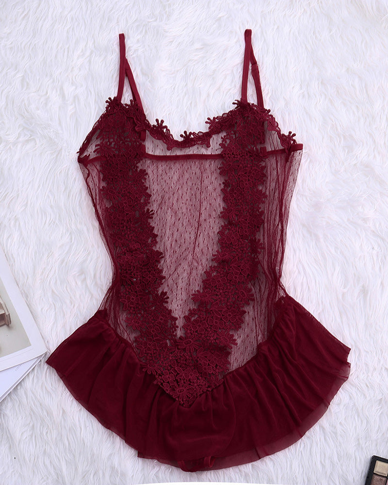 Wine red sheer lace teddy with floral pattern, spaghetti straps, ruffle hem
