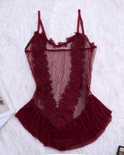 Wine red sheer lace teddy with floral pattern, spaghetti straps, ruffle hem