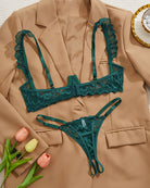 Cupless lace bra and crotchless thong set in dark green lace bra with thin straps