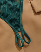 Dark green lace crotchless thong with tied side straps