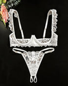 White lace cupless bra and crotchless thong set with scalloped ruffle trim