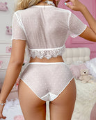 Polka dot sheer mesh back view crop top and high-waist lace-trim panties