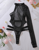 Black sparkle sheer mesh crotchless bodysuit, long sleeves, garter straps
