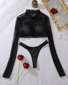 Black sheer mesh crop top and thong set, long sleeves, high-cut fit
