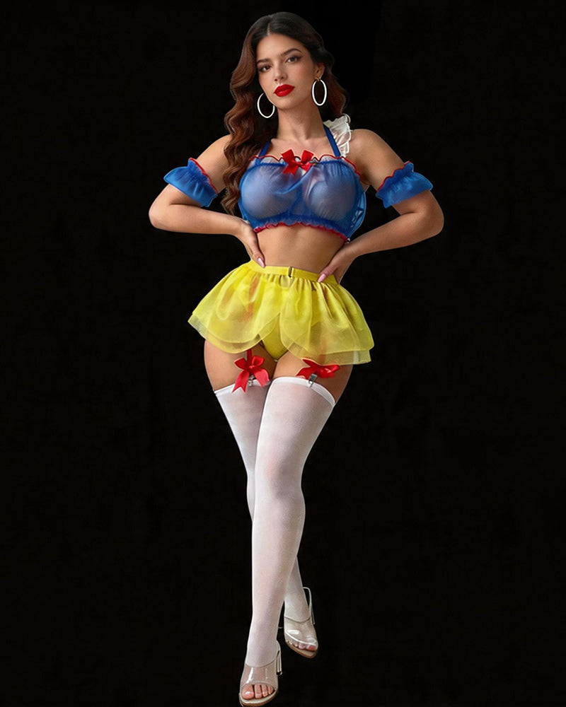 Blue sheer lingerie set with halter bra, ruffled sleeves, tutu skirt, white stockings