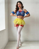 Blue sheer halter bra with ruffled sleeves, tutu skirt, stockings, red bow accents