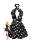 Black polka dot halter mini dress with front keyhole cutout and flared skirt