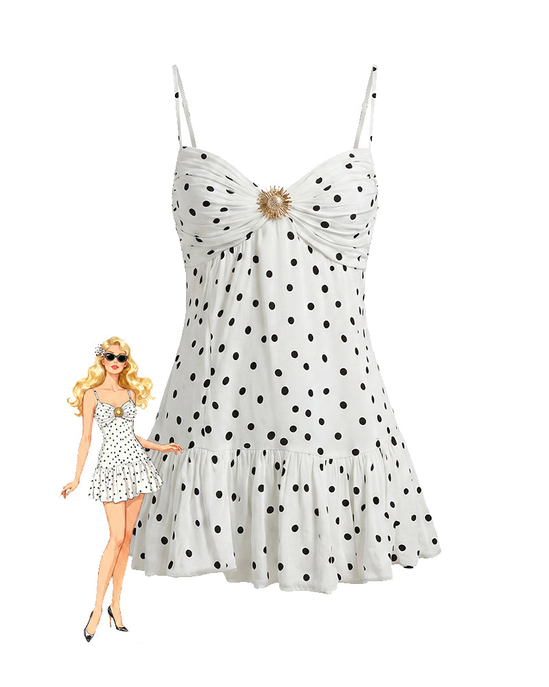 White polka dot halter mini dress with ruched bust and ruffled skirt
