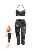 Black polka-dot halter crop top and high-waisted capri pants set