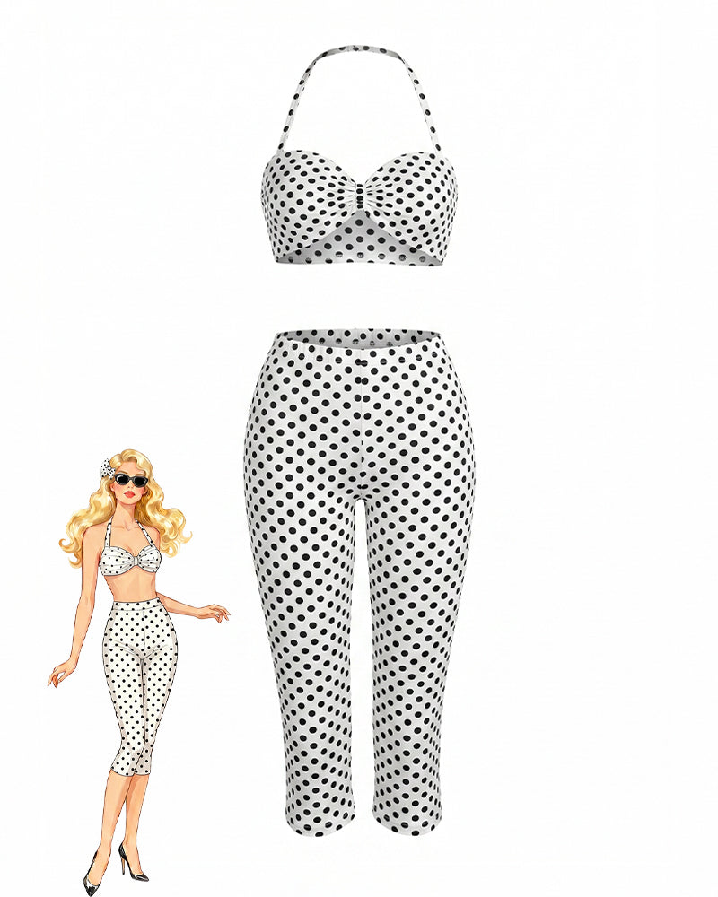 White polka-dot halter crop top and high-waisted capri pants set