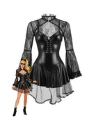 Black faux leather corset mini dress with lace long sleeves, corset lacing, flared hem