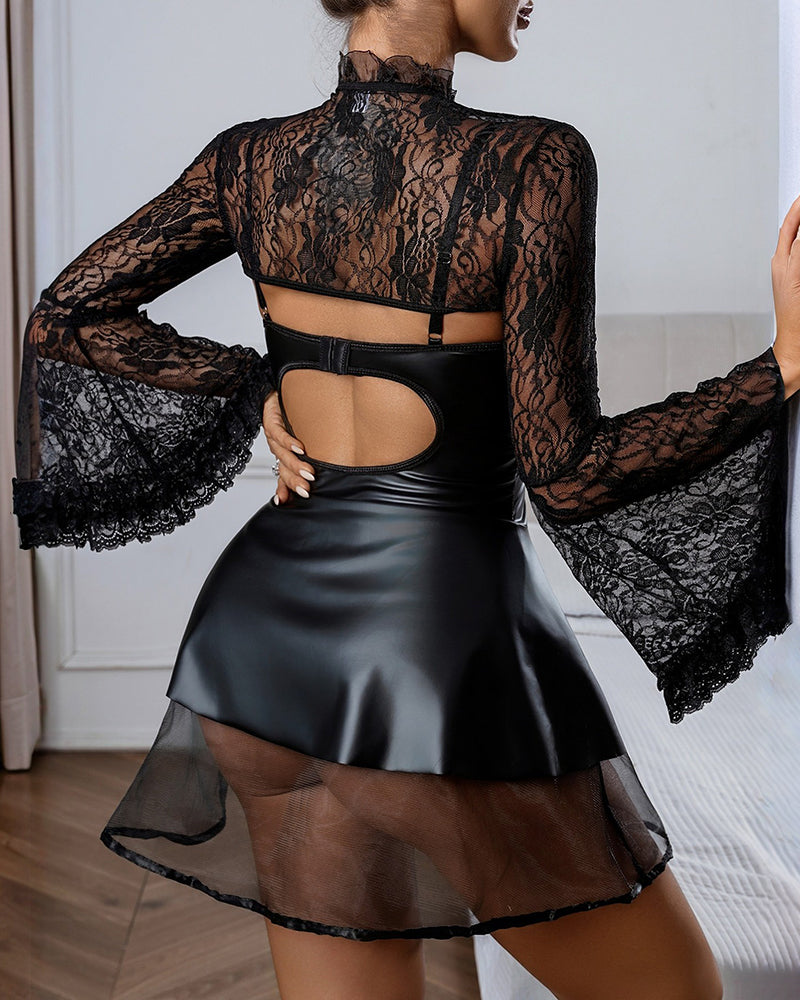 Back view of black faux leather corset mini dress with lace long sleeves