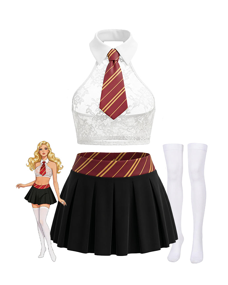 Lace halter crop top with striped necktie, pleated mini skirt, and white thigh-highs