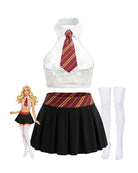 White lace halter crop top w/ striped necktie, black pleated mini skirt, white stockings