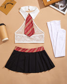 White lace halter crop top, red striped necktie, black pleated mini skirt, white stockings