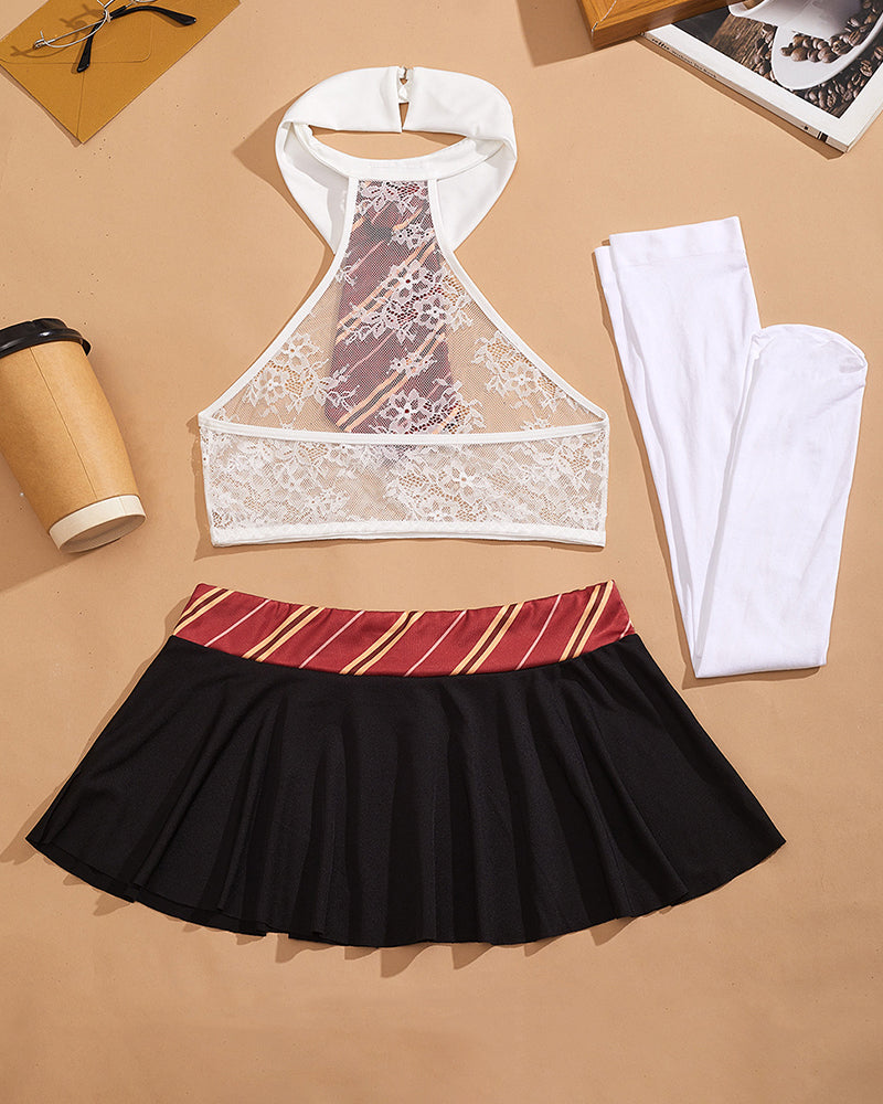 Sheer lace halter crop top with red striped tie, black pleated mini skirt, and white thigh-highs
