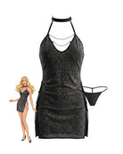 Black glitter halter mini dress with chain trim and matching thong, front view