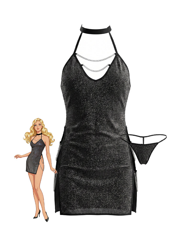 Black glitter halter mini dress with chain trim and matching thong, front view