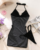 Black glitter halter mini dress with chain trim and matching thong, flat lay detail