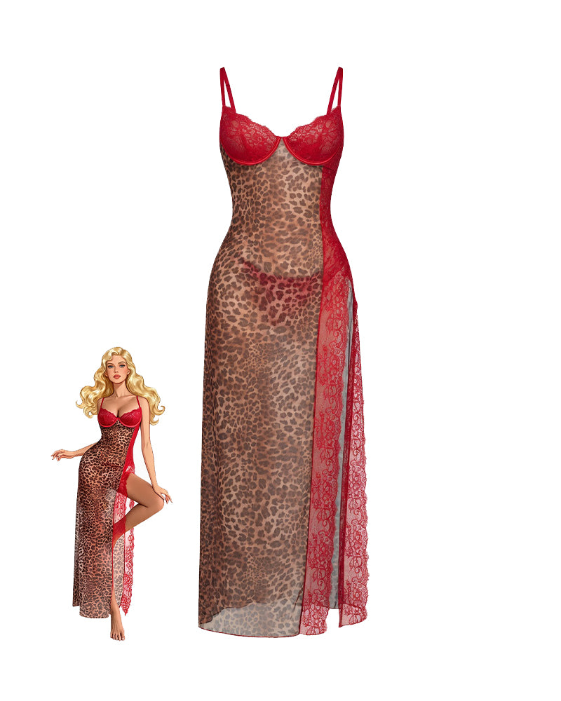 Leopard print sheer maxi slip dress with red lace trim, spaghetti straps, long hem