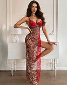 Leopard print sheer maxi slip dress with red lace cups and side thong