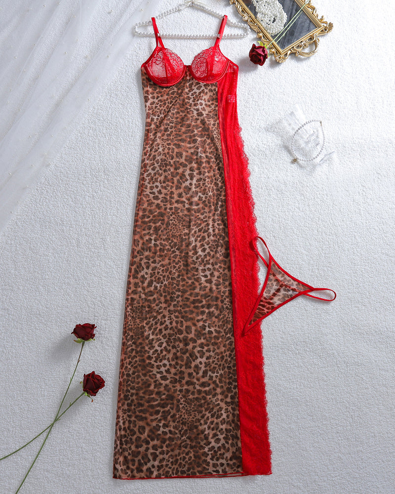 Leopard print sheer maxi slip dress and matching red lace thong, laid flat