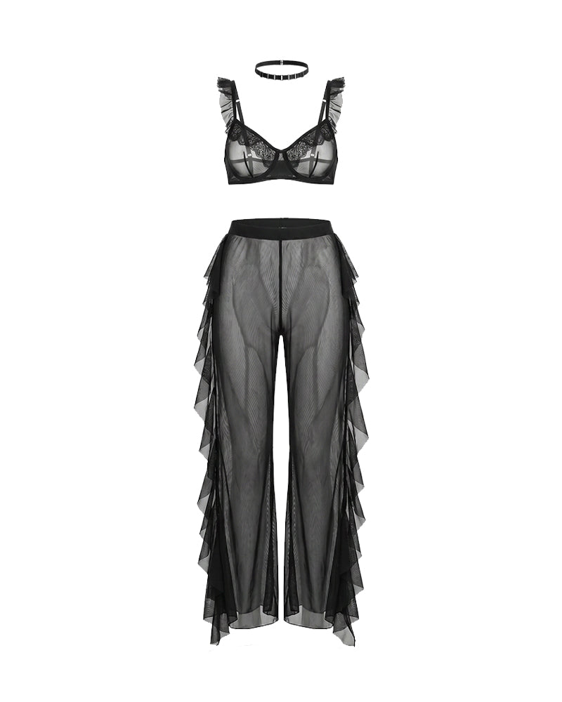 Black sheer ruffle lace bralette and mesh pants set with choker, flat lay