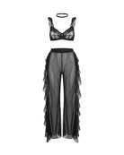 Black sheer ruffle lace bralette and mesh pants set with choker, flat lay